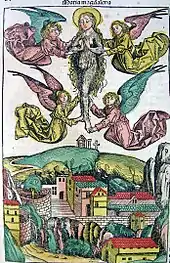 Levitation Maria Magdalenas, aus der Schedelschen Weltchronik,vor 1493, Stich