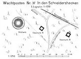Situation am Wp 10/37 (um 1895), einem der ungewöhnlichsten und fundintensivsten Wachtpostenpunkte am Odenwaldlimes