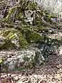 Brunnenstein mit Eingang zur Brunnen­höhle direkt hinter dem vorderen Felsstück