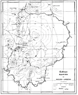 Karten Oe-Cusse Ambeno (1914). Auf der linken Karte, auf der auch Noimuti eingezeichnet ist, gehört Naktuka und Fatu Sinai zu Portugal. Die Karte beruht auf der Einigung von 1899, darauf begründet sich der Anspruch Osttimors auf die Gebiete. Die rechte Karte zeigt die unterschiedlichen Grenzziehungen der beiden Kolonialmächte in Nipane, im Osten Oe-Cusse Ambenos.