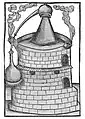 Balneum Mariae. Ofen mit Kupfer-Cappel, Glas-Cucurbit, Glas-Alembic und Glas-Viole. 1500