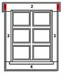 1. Fenster mit überstehenden oberen Ohren. – 1 Ohr, 2 Sturz, 3 Pfosten, 4 Fensterbank.