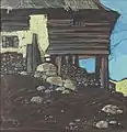 „Bergbauernhof“, signiert Mulley, Mischtechnik-Pastellkreide auf Papier, 43 × 42 cm