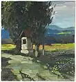 Marterl am Wegesrand, signiert: Mulley Oskar, Öl auf Papier auf Karton, ca. 30 × 27 cm