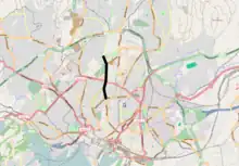 Straßen-Karte von Oslo. Schwarz hervorgehoben ist eine weitgehend in Nord-Süd-Richtung verlaufende Straße