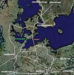 Fehmarnbelt-Querung (grün) bzw. Rostock-Gedser-Querung (orange) im Autobahnnetz
