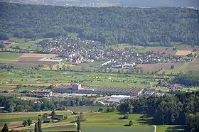 Blick vom Burghorn auf der Lägern auf Dänikon am Nordhang des Altbergs