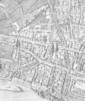 Oversburg 1571, Mittelalterliche Stadtviertel am Bach (Mercatorplan).