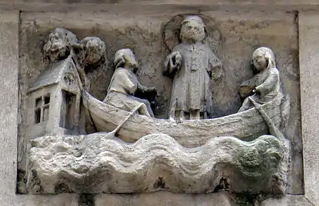 Das Relief stellt eine Episode aus dem Leben des Julianus Hospitator dar.