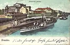 Raddampfer Meissen vor dem Italienischen Dörfchen (zwischen 1882 und 1894, links) und in Blasewitz (rechts)