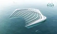 Eine Kamm förmige auf dem Wasser schwimmende Plattform, die an den Rändern begehbar ist. Zwischen den einzelnen Lamellen sind netz- oder gitterartige Strukturen, welche den Plastikmüll einfangen sollen.