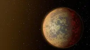 Künstlerische Darstellung des möglichen Aussehens von HD 219134 b mit einer felsigen und teilweise aufgeschmolzenen Oberfläche