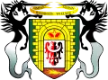 Wappen von Wądroże Wielkie, Powiat Jaworski, Polen (Einhörner als fischgeschwänzte Schildhalter)