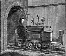 Erste elek­tri­sche Gru­ben­lok „Do­ro­thea“. Wer­be­zeich­nung um 1882