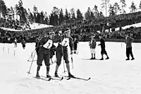 Szene aus dem Staffelrennen von 1952: Wechsel von Lonkila (l.) auf Korhonen