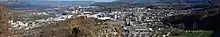 Panorama Blick von der vorderen Wartenberg Ruine nach Osten. Pratteln, Augst, Rhein Kraftwerk, Deutschland