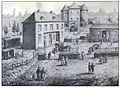 Pantaleonstor mit einfahrendem Zug (Mitte oben) und Bahnhof (links), um 1860
