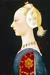 Eine junge Dame der Mode wird dem florentinischen Maler und Mathematiker Paolo Uccello zugeschrieben und ist auf die frühen 1460er datiert. Die junge Dame hat ihren Haaransatz gezupft, um die Länge und daher auch die Eleganz ihrer Stirn zu verstärken. Eine Haarlocke fällt hinten in einem Pferdeschwanz herab. Eine eng angelegte Haube bedeckt ihre Ohren, was wahrscheinlich auf die Vorstellung zurückzuführen ist, dass die Jungfrau Maria über ihr Ohr schwanger wurde.