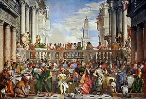 Die Hochzeit zu Kana, 670 × 990 cm, Louvre, Paris (urspr. für San Giorgio Maggiore), 1562–63