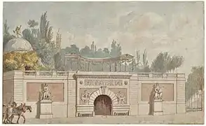 Eingang zum Jardin Beaumarchais am Blvd. Saint-Antoine, Gemälde von Francois-Josef Bélanger, 1790