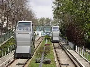 Funiculaire de Montmartre, Paris. Zwei nebeneinander liegende Schrägaufzugsanlagen.