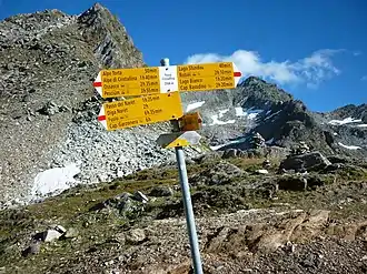 Wegweiser auf der Passhöhe.