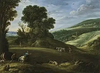 Landschaft mit Bauern und Jäger, 1620 (signiert & datiert), Öl auf Leinwand,  66,1 × 88,5 cm, Privatsammlung (?)