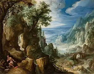 Berglandschaft mit dem heiligen Hieronymus, 1592, Öl auf Kupfer,  25,7 × 32,8 cm, Mauritshuis, Den Haag