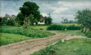 Reetgedeckte Häuser in sommerlicher Landschaft - um 1890