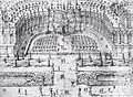 Perspektivische Darstellung eines Entwurfs zur Erweiterung des Zwingergartens. Um 1712. Ausschnitt der Treppenanlage im Bogenscheitel der Arkaden. Feder, laviert. 58 × 141 cm. Ehemals Dresden, Staatsarchiv. Seit 1945 verschollen.