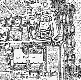 1652 (Gomboust): Das aufgeteilte Hôtel d’Alençon findet sich in der Mitte links mit (v.l.nr.) dem Hotel d’Aumont, dem Haus Villequiers und dem Haus Choisys, sowie dem Hôtel de Force unterhalb des Hôtel d’Aumont