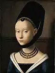 Mode der ausrasierten hohen Stirn im 15. Jahrhundert:Porträt eines jungen Mädchens von Petrus Christus, um 1470