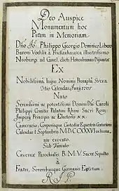 Epitaphinschrift Johann Philipp Georg Dominikus Vöhlin von Frickenhausen, aus dem Thesaurus Palatinus