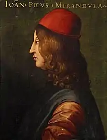 Ölgemälde eines jungen Mannes im linken Seitenprofil mit schulterlangen Locken und einer roten Mütze. Er trägt ein dunkles Oberteil mit braunem Ärmel. Oben steht in goldener Schrift „Ioan Picus Mirandula“.