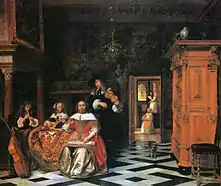 Linkes Bild: Pieter de Hooch, Portrait einer musizierenden Familie, 1663, Cleveland Museum of ArtRechtes Bild: Teppich vom „Siebenbürgen-Typ“ 17. Jh., Nationalmuseum Warschau