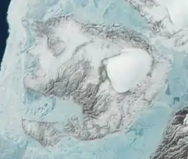 Satellitenfoto der Pionier-Land mit der Pionier-Eiskappe