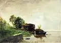 Femme lavant du linge dans une rivière