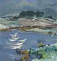 Schwäne im SchneeTempera auf Sperrholz58 × 55 cmsigniert und datiert unten links »Pitt Kreuzberg 1948«