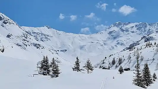 Piz Laviner (l.) und Piz Jenatsch, von der Val d’Err aus aufgenommen.