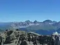 Aussicht auf die Bergüner Stöcke (Piz Mitgel, Tinzenhorn und Piz Ela vlnr.).