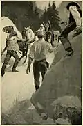 B&W painting of men robbing a stagecoach