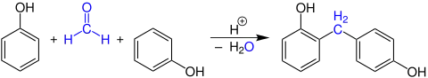 Erste Stufe der Polykondensationsreaktion von Formaldehyd mit Phenol zu Bakelit