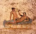 Antikes Wandbild aus Pompeji, „gekniete Reitstellung“
