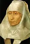 Hans Memling, Porträt einer alten Frau ca. 1470. Museum of Fine Arts, Houston, Texas. Memling war ein Nachfolger Rogier van der Weydens und nutzte die Verzerrung natürlicher Darstellung, um Schönheitsideale zum Ausdruck zu bringen.