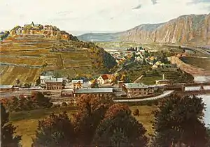 Postkartenansicht der Bahnanlagen von Ebernburg um 1900nach einem Gemälde