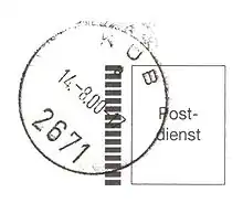 Poststempel der historischen Postfiliale Küb, echt gelaufen; August 2000. Besonderheit: Postdienstkuvert.