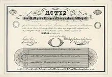 Gründeraktie der Prager Eisenbahngesellschaft über 500 Gulden, ausgestellt am 1. Mai 1828 in Prag auf den Fürsten Carl von Loewenstein-Wertheim, im Original unterschrieben u. a. von dem jüdischen Bankier Leopold von Lämel, Großfinanzier des österreichischen Staates. Als technischer Berater dieser Prag-Pilsener-Eisenbahn fungierte der Astronom, Physiker und Pionier des Eisenbahnbaus Franz Josef von Gerstner.