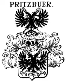 Kopfloser Doppeladler im Schild und Oberwappen des mecklen­burgischen Adels­geschlechts Pritzbuer