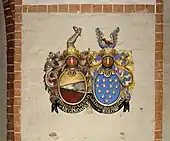 Doppel-Wappen der Epitaphstifter in der Dorfkirche Proseken, Barthold Dietrich von Negendanck und seiner Gattin Catharina Elisabeth von Bülow (1733)