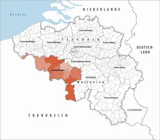 Lage der Provinz Hennegau innerhalb Belgiens hervorgehoben